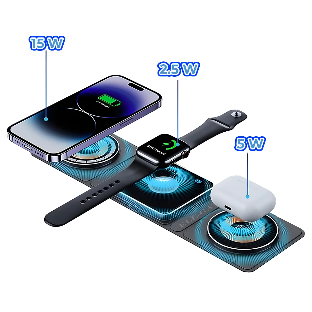 Taşınabilir 3'ü 1 Arada Manyetik Katlanabilir Kablosuz Şarj İstasyonu Yeni Durumda Apple Watch, iPhone ve Airpods için