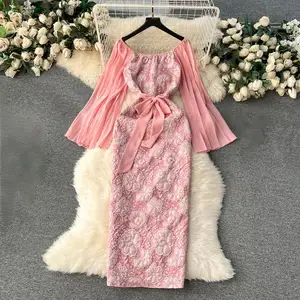 Fashionable Socialite Trumpet Long Sleeved Square Collar Floral Midi Breathable Vintage Lace Jacquard Pleated Empire Waist
