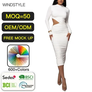 Women's Casual Party Dresses White Dresses for Women Long Sleeve Hollow Pleated Stitching Hip Knee-Length Summer Dress