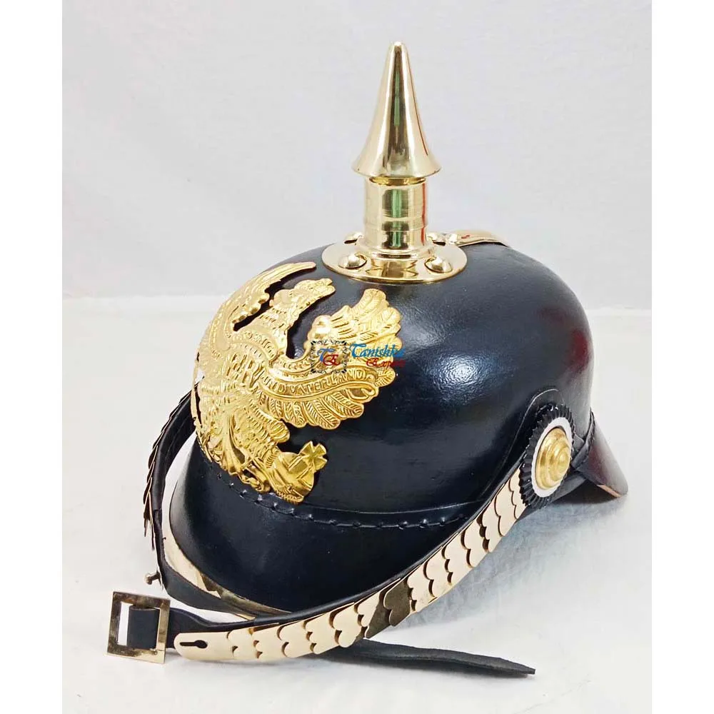 Medieval Replicas Imperial German Spiked Pickelhaube Officer Helm - Zwart Leer & Messing