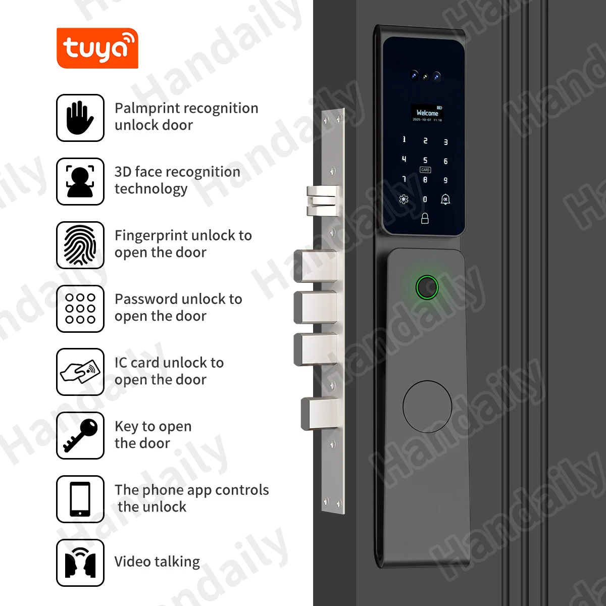 High SecurityTuya Smart Door Lock Palm Face Recognition Cerradura Inteligente Waterproof Digital Lock for Israel 6068/85 Mortise W10