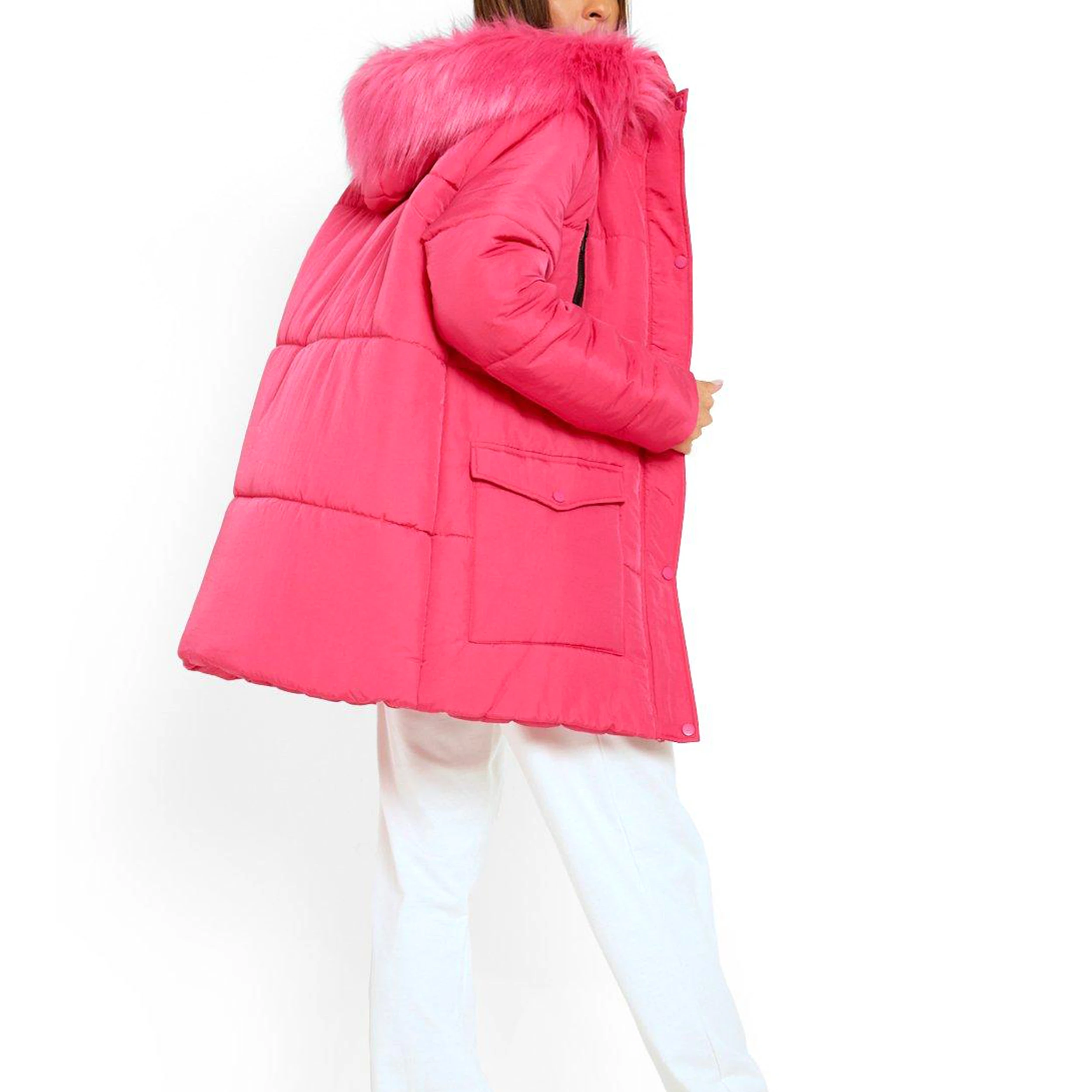 Latest Design Women Hot Pink Faux Fur Hooded Long Puffer Jackets Plus Size Bubble Down Winter Coats - Image 5