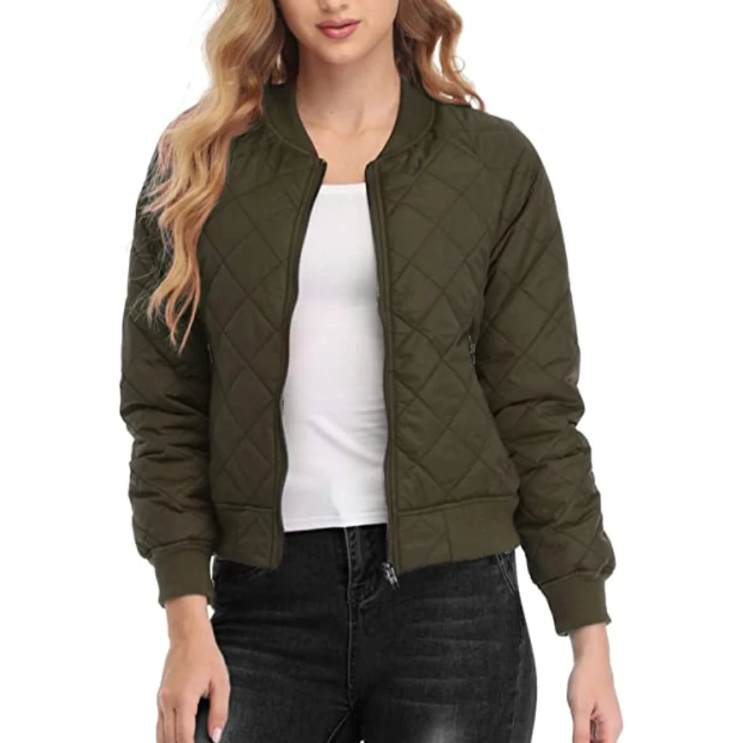 New Style Plus Size Cheap Wholesale Custom Women's Quilted Jacket Long Sleeve Zip up Raglan Bomber Jacket With Pockets