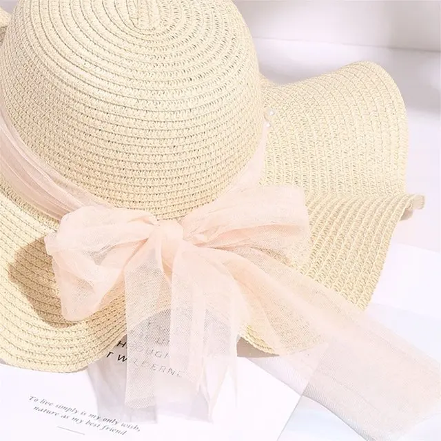 Women's Floppy Foldable Beach Hat With Big Ribbon Bow Accents For