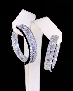 Luxury Trendy Baguette Channel Set Moissanite Hoop Earrings 925 Sterling Silver Rhodium Plated Iced Big Hoops Women Custom VVS