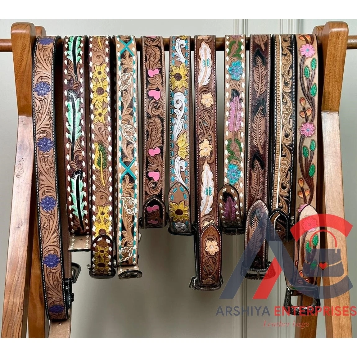 New Arrival Genuine Leather Western Hand Tooled and Hand Painted Floral Belts Real Handmade Tooled Leather Unisex Waist Belts