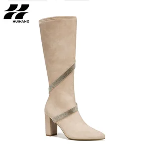 Women's Trendy Fall/Winter Knee-High Block Heel Boots High Pointed Toe Rhinestone Straps for Party Evening Looks Suede Material