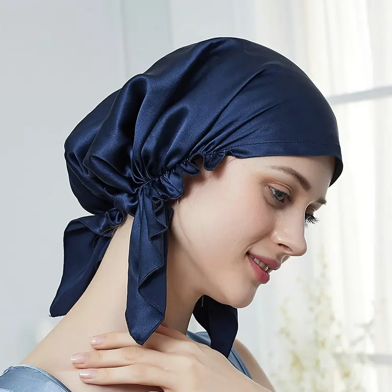 Custom Designer Luxurious Mulberry Silk Triangle Bonnet Soft Ruffles Elastic Hair Care Shower Cap with Private Label