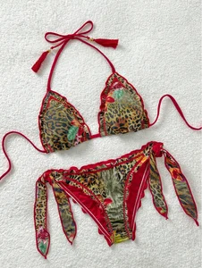 Custom High Waist Bikini Set Quick Dry Breathable Active Swimwear Striped Belt Floral Pattern Plus Size In-Stock for Beachwear