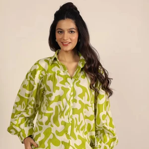 Hand Block Print Pink And Red Abstract Cotton Linen Blend Work Wear Collared Summer Shirt Soft  Comfortable Cotton Long Shirt