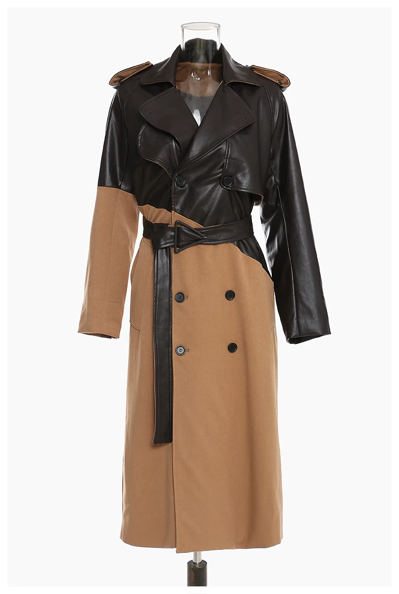Faux-leather Collar Long Overcoat Wool Trench Coat Winter Woman Ladies Wool Leather Trench Coat - Image 2