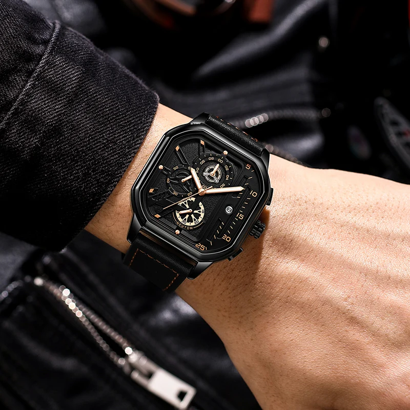 Часы наручные NEKTOM Мужские кварцевые спортивные водонепроницаемые люксовые с кожаным ремешком квадратной формы