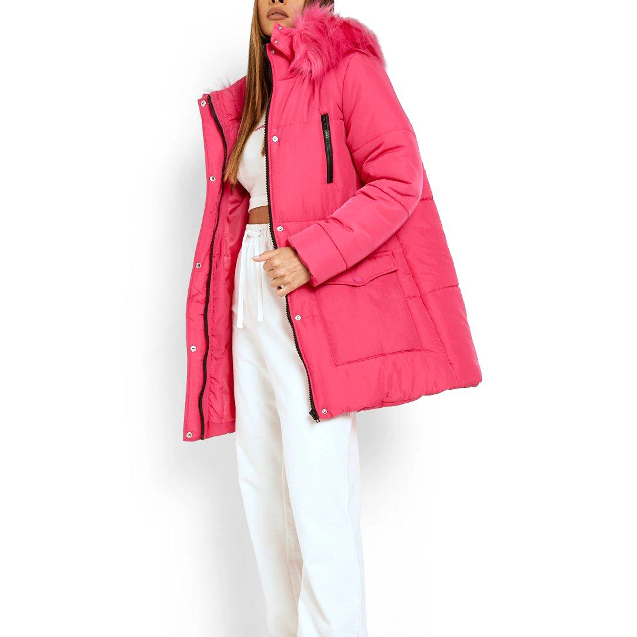 Latest Design Women Hot Pink Faux Fur Hooded Long Puffer Jackets Plus Size Bubble Down Winter Coats - Image 6