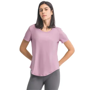 Workout Yoga Fitness T-shirt Women Hip Length Gym Sport Short Sleeve Shirts