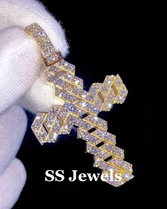 Iced Cross VVS1 Moissanite Christian Hip Hop Pendant 925 Sterling Silver Rhodium/Gold Plated Jesus Cross Necklace Charm for