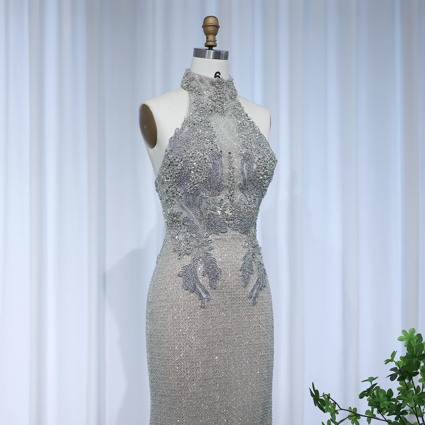 dress luxury silver women Gorgeous Luxury Silver Grey Evening Dress Women Sequins Tulle Collar Prom Gown Floor Length Draped Bow Trailing A-line Vestido