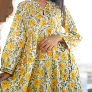 Hand Block Printed Dress Indian Tunics Hand Printed Dress Long Sleeves Mandarin Collar Floral Print Long Maxi Dress For Women