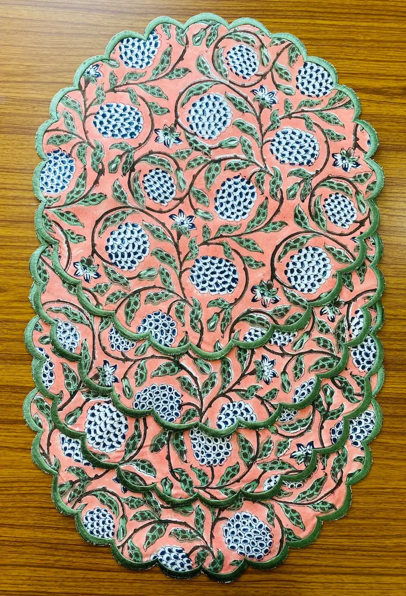 Dark Salmon Pink Sage Green Delft Blue Indian Floral Hand Block Floral