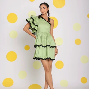 Mint Green Pista Mini Dress Natural Cotton One Shoulder with Frilled Bust Button Eco-Friendly Relaxed Fit Washable Burst Dress