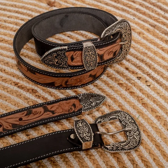Deluxe Hand Tooled Leather Belt Brown Black Amish Handmade Basket Weave