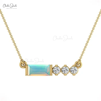 High Quality 6X3MM Baguette Cut Opal Diamond Accented Necklace In 14K Solid Gold For Women Fine Jewelry Gemstone Necklace