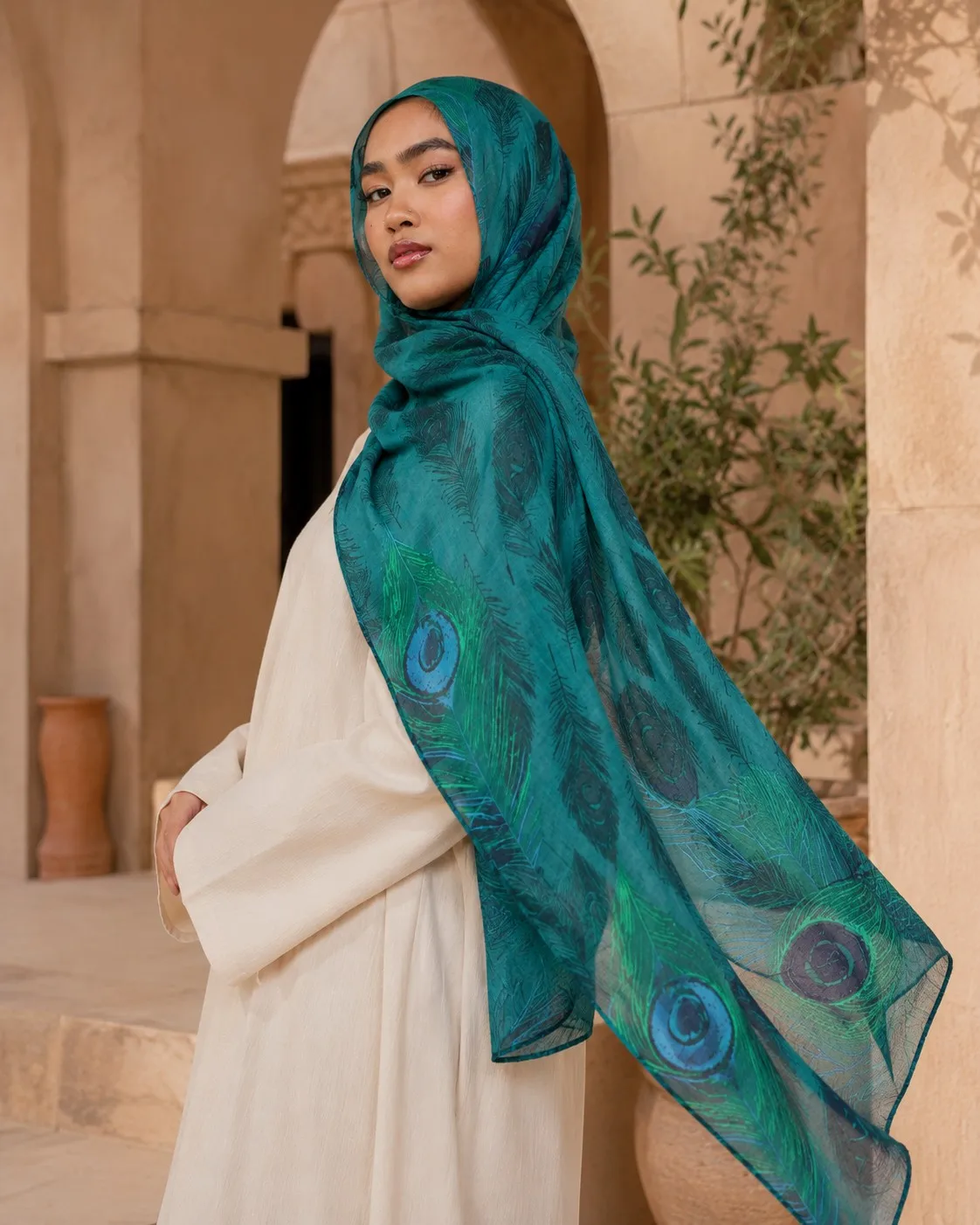 Custom Printed Modal Hijab Peacock Feather view 3