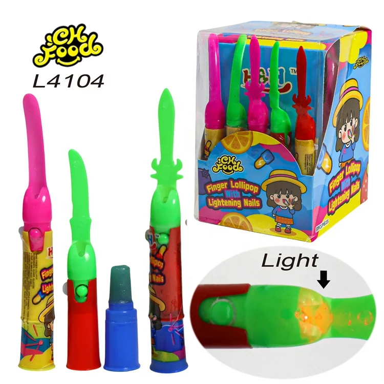 OEM Halal Flash Light Finger Lollipop Toy Candy Wholesale Fruit Flavor Hard Candy Sweet with Plastic Nail Coverings Toy for Kids