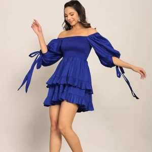 2025 Summer Spring Women's Cotton A-Line Dress Halter-Neck Full Sleeves Blue Solid Skater Bust Fitted Mini Dress Natural Style