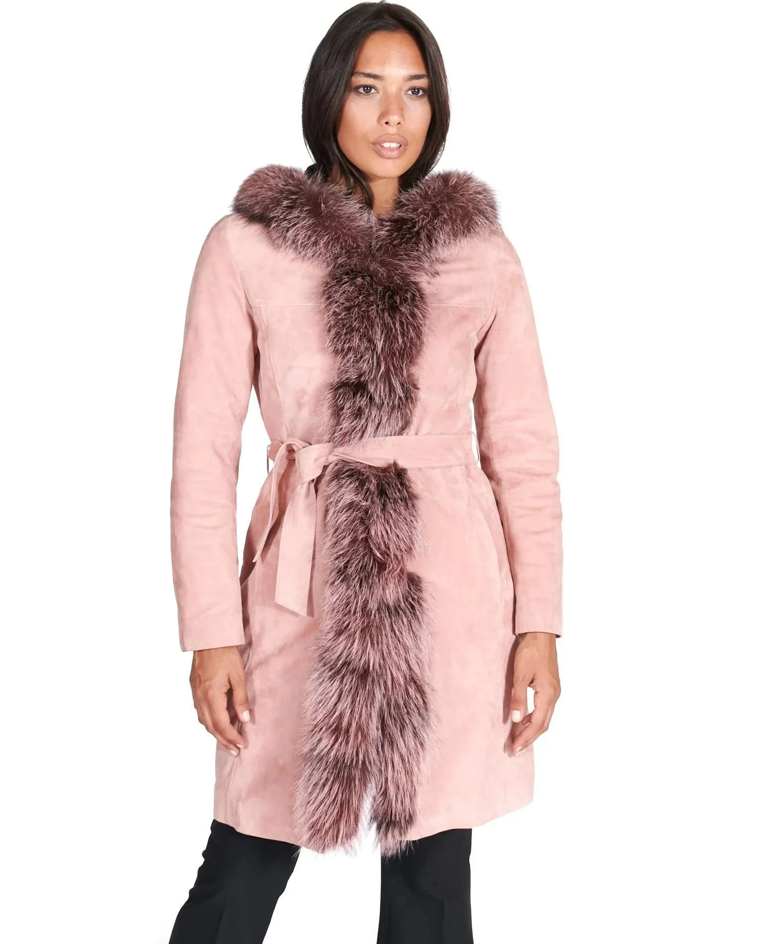 Women Pink Suede Lamb Leather Hooded Coat Fur Edge Manufacture From Pakistan By Village Impex - Image 2