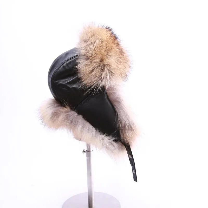 Men's Russian Trapper Ushanka Hat Winter with Raccoon Fur Trim Solid Pattern Windproof 100% Wool