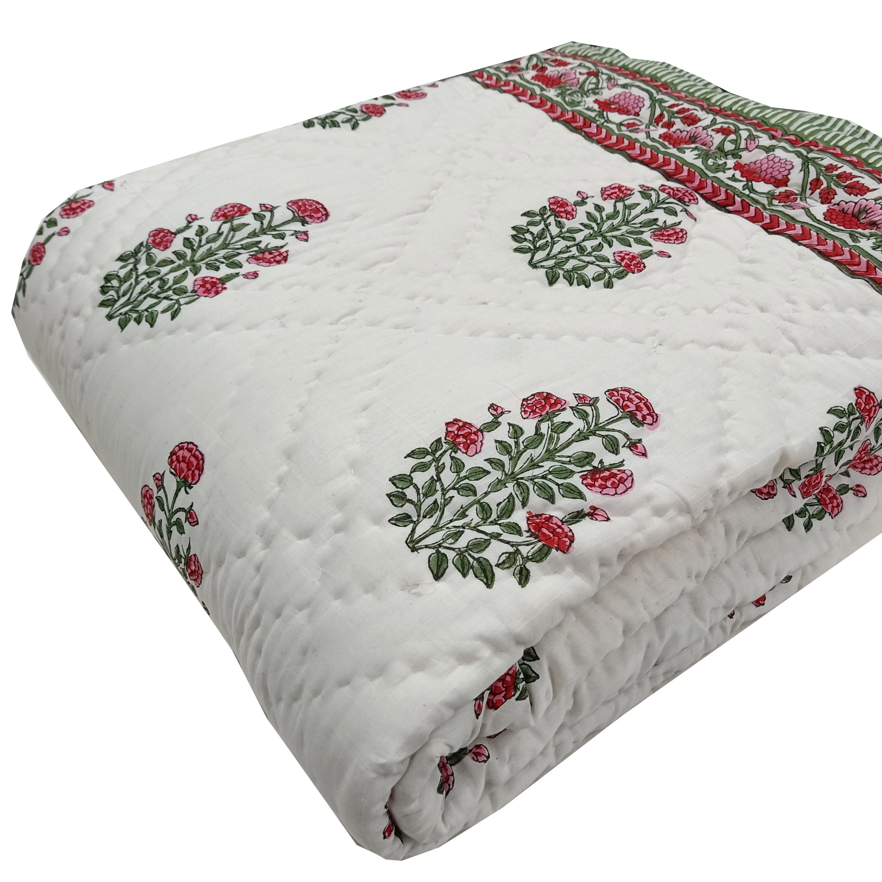 Red And Green Floral Hand Block Print Jaipuri Quilt Hand Stitch