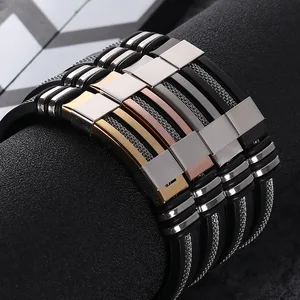 Punk Wristband Stylish Stainless Steel Bracelet Men Wrist Band Black Grooved Rubber Silicone Link Casual Bangle