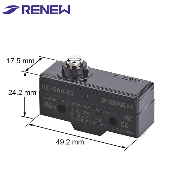 Renew RZ-15GD-B3 Limit Switch, SPDT 15A, CE Certified, IP00, UL