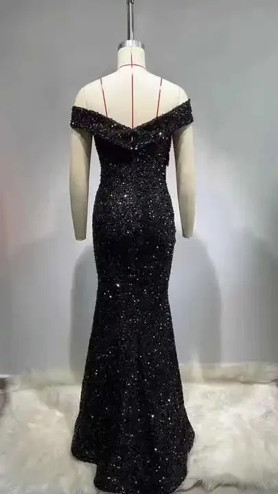 Clothing Manufacturers Women High-end Off the Shoulder Black Sequin Sparkly Rhinestones Evening Beading Sexy Evening Dress