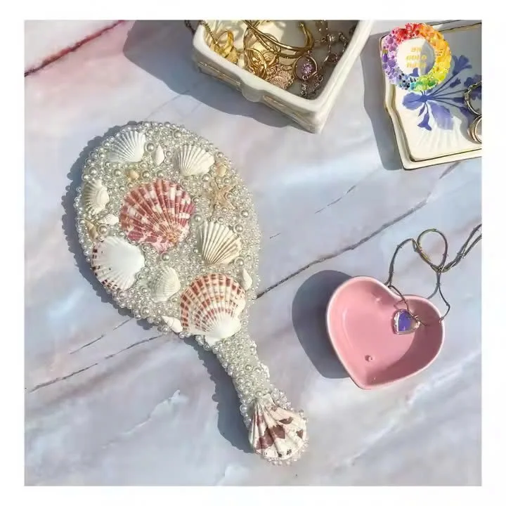 手作りオーシャンウィスパーマーメイドシェルミラー真珠付きレース