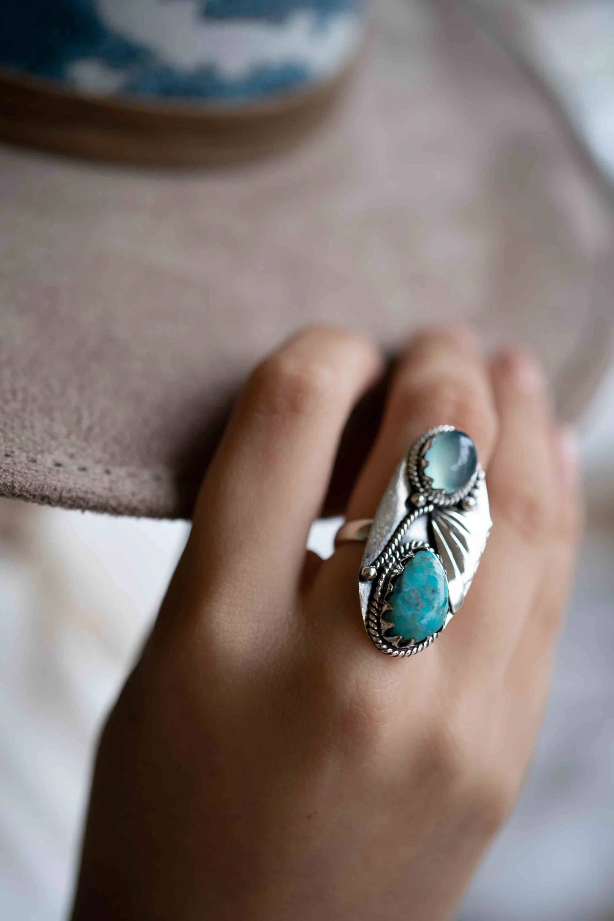 Natural Turquoise and Aqua Chalcedony Semiprecious Gemstone Rings Wholesale 925 Solid Sterling Silver Jewellery Factory India