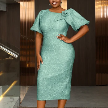 AM050130 Stocking Short Puff Sleeve Flower Plus Size Midi Dresses Casual