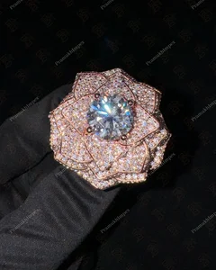 VVS Moissanite Sterling Silver Rose Gold Plated High Quality Hip Hop Flower Ring Indian Suppliers Wholesale Price