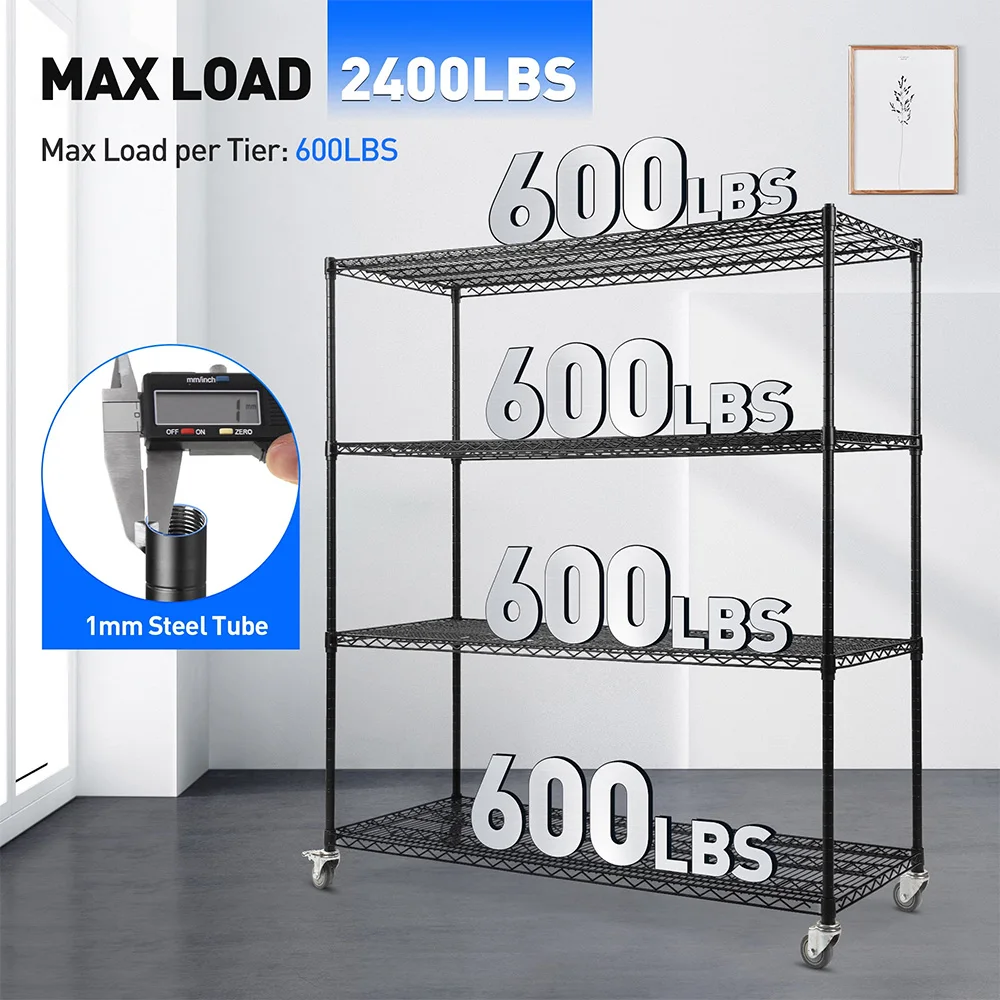4-Tier Heavy Duty Wire Shelving with Wheels 2400 Lbs Capacity Adjustable Black Metal Garage Storage Shelves for Kitchen Use