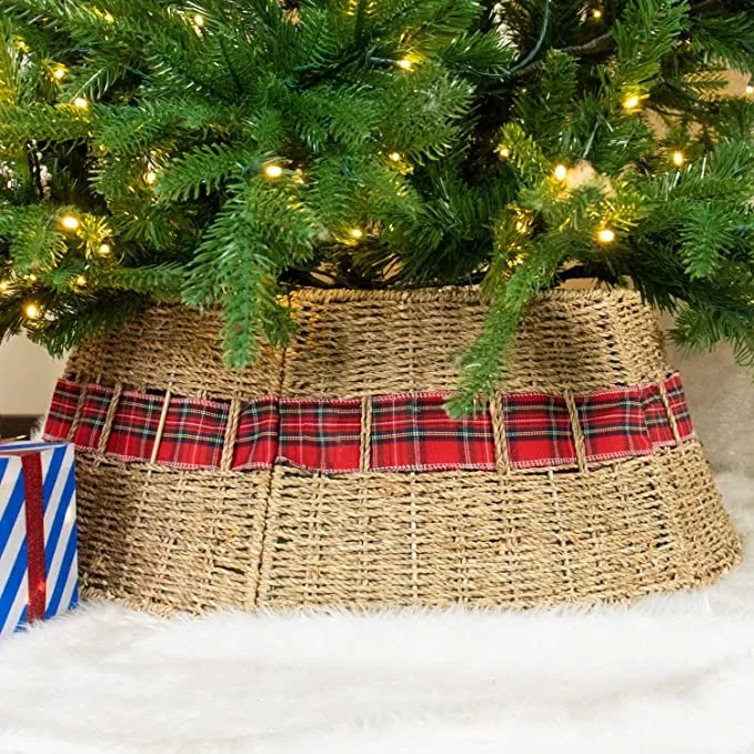 Red Plaid Ribbon Handwoven Seagrass Christmas Under Xmas Tree Rustic