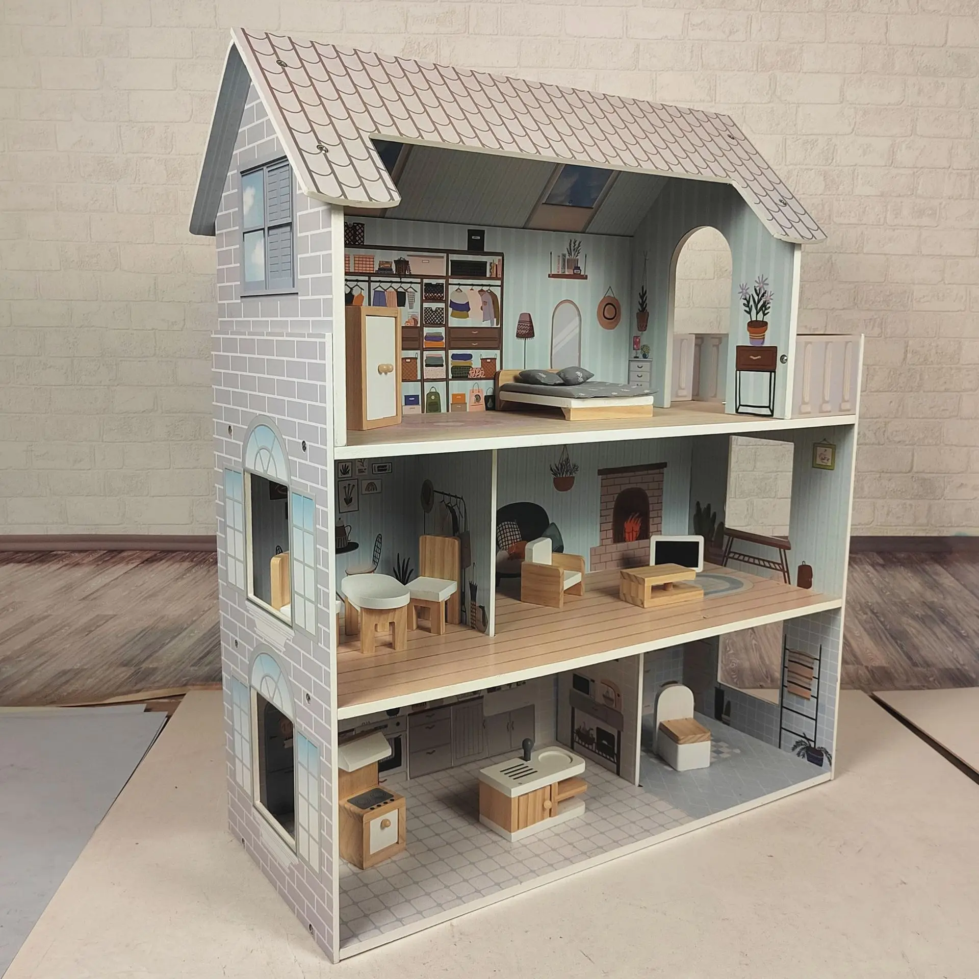 Wooden Dolls House for Girls Kids - 3 Storey Wood Toy