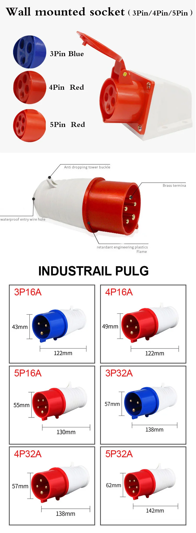 Industrial Plug And Socket 5pin 3core 3p/4p/5p Electrical Connector 16a