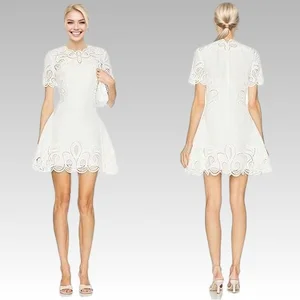 2026 Women's Luxury Linen Blended Hollow Embroidery Lace Dress Maxi Length with Natural Waistline for Summer