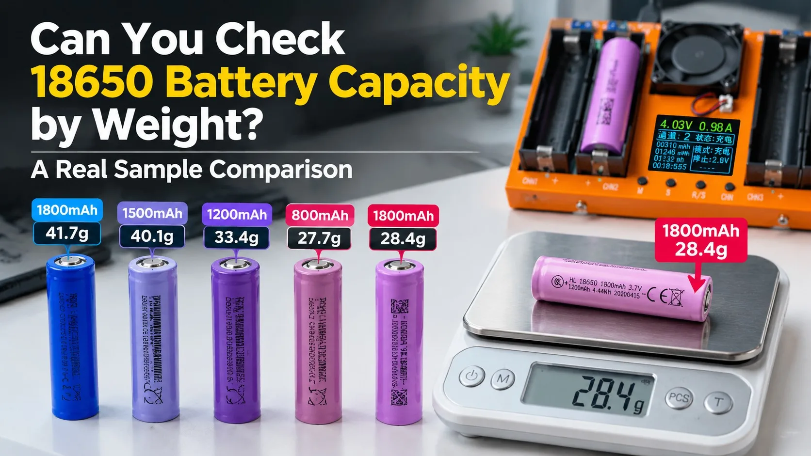 Can You Check 18650 Battery Capacity by Weight? Five 18650 battery samples with different labeled capacities beside a digital scale.