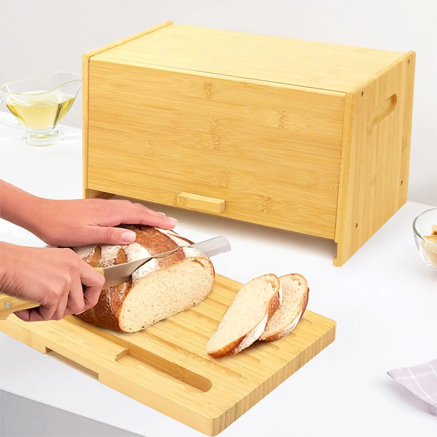 Bps71 Wooden Bread Box Bread Proofing Basket With Cutting Board Bamboo ...