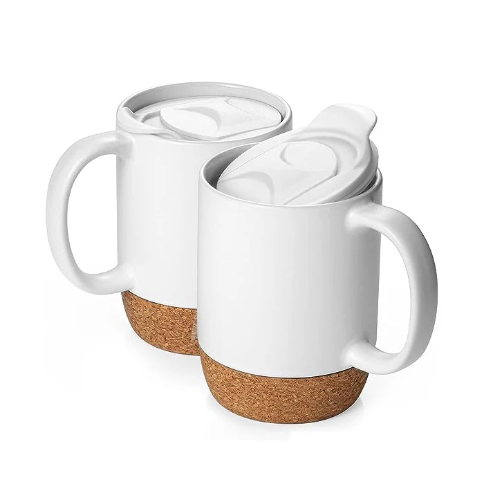 15 oz mug set large ceramic coffee mug with cork bottom and spill proof lid