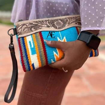 New Stylish Western Aztec Tooled Leather Wristlet Clutch Vintage Brown ...