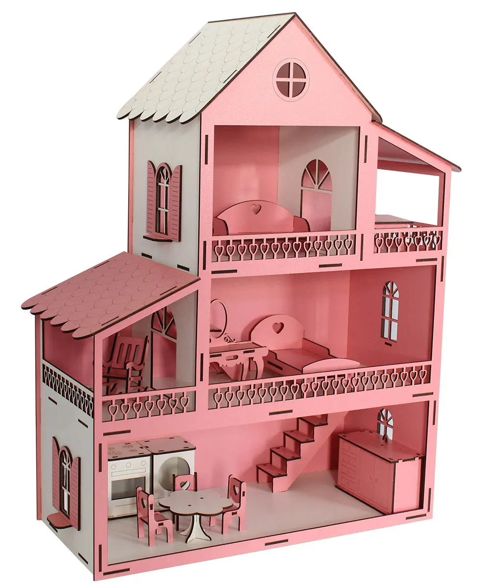 Natural Miniature Wood Dollhouse With Accessories For Girls Pretend
