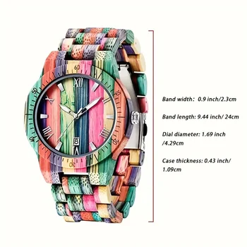 TJW Men's Colorful Bamboo Wooden Watch Colorful Wooden Watch Quartz Watch with Calendar Luxury Simple Watch