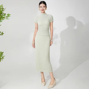 Fast Shipping Premium Quality Women's Elegant Set Summer Solid Color Short Sleeve Top and Skirt 2-Piece Set